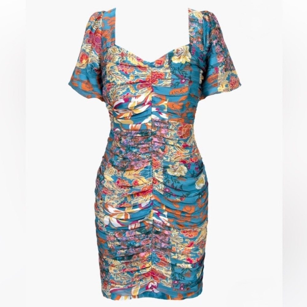 NEW! ADELYN RAE ‘Nissa’ Floral Puff Sleeve Ruched Mini Dress - Picture 4 of 12